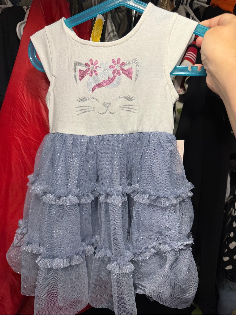 Girls White & Light Blue Sparkle Cat Tulle Dress